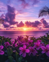 Wall Mural - Vibrant sunset over ocean with pink flowers and palm leaves