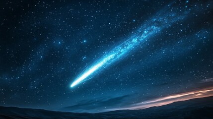 Wall Mural - bright comet streaking across starry night sky over horizon