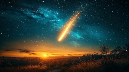 Wall Mural - Spectacular night sky with glowing comet over sunset landscape