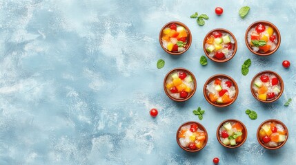 Wall Mural - Frozen vegetable medley arranged in individual small bowls on a textured icy background. Copy space available for branding.