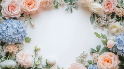 Wall Mural - Colorful floral frame with roses and hydrangeas on white background