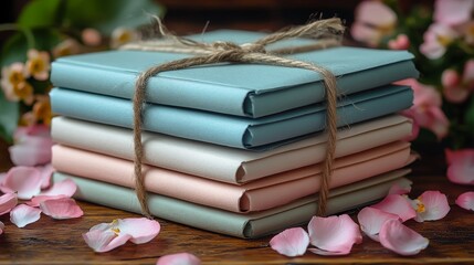 Wall Mural - Stack of wrapped pastel books with pink petals and twine on wooden table