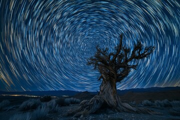 Wall Mural - bristlecone pine under night sky with star trails in desert landscape