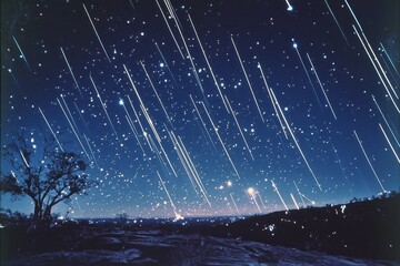 Wall Mural - spectacular meteor shower over night sky in remote desert landscape
