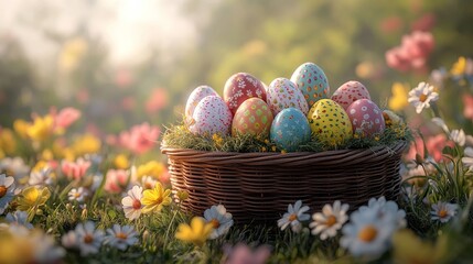 Wall Mural - Vibrant easter eggs in wicker basket among blooming spring flowers