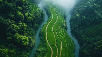 Aerial view of lush green terraced rice fields winding through misty hills, showcasing agriculture