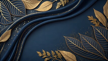 grunge background with leaves. Dark blue background with golden leaves and gold decoration. Vector illustration.