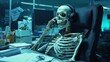 © Sasint - A skeleton sitting in a chair with a headset on, answering calls in a cramped cubicle, papers and office supplies scattered around, lit by professional studio lighting