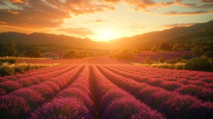 Wall Mural - Breathtaking sunset over vibrant lavender fields with mountains in the distance