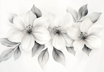 Wall Mural - Monochrome floral bouquet, painted, white background, design element