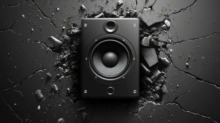 Powerful sound emanating from speaker breaking through cracked concrete surface