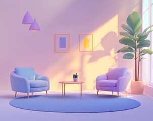 Poster - Pastel living room, sunset light, comfy chairs, relaxation, interior design