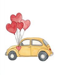  Yellow car, heart balloons, watercolor, romantic, Valentine's Day card