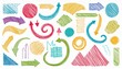 © Rahmat  - Brush line shape background abstract texture doodle set. Hand drawn sketch crayon scribble brush geometric shape color chalk effect background. Abstract arrow, circle, zigzag vector illustration