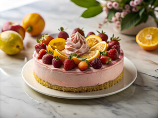 Wall Mural - Tasty pink cake with strawberries, raspberries, and oranges. Delicious dessert food background