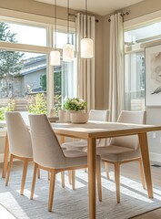 Poster - Sunny dining room, modern table, houses view