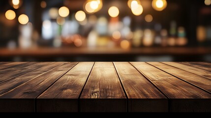 Poster - Warm ambient lighting over rustic wooden table in cozy cafe setting