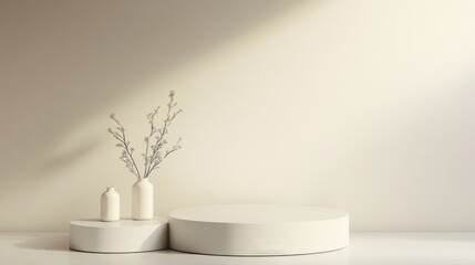 Wall Mural - Minimalist White Podium Display with Flowers - Elegant Modern Home Decor