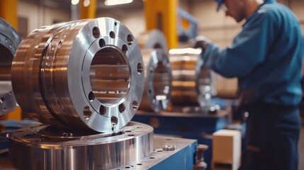 Leinwandbilder - A manufacturing facility with metal components being processed by a worker.