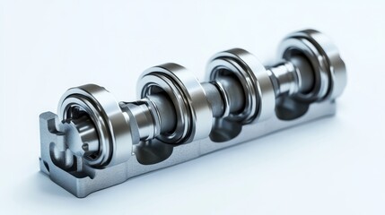 Fototapete - A metallic camshaft with bearings, used in automotive engines for valve timing.