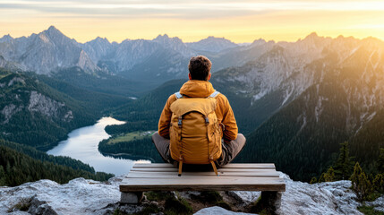 Sticker - breathtaking mountain hike at sunrise with backpacker enjoying view