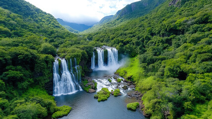 Sticker - breathtaking waterfall in lush green landscape surrounded by mountains