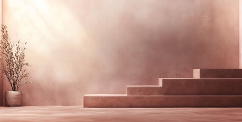 Poster - Dusty-rose room, sunlit steps, plant, display