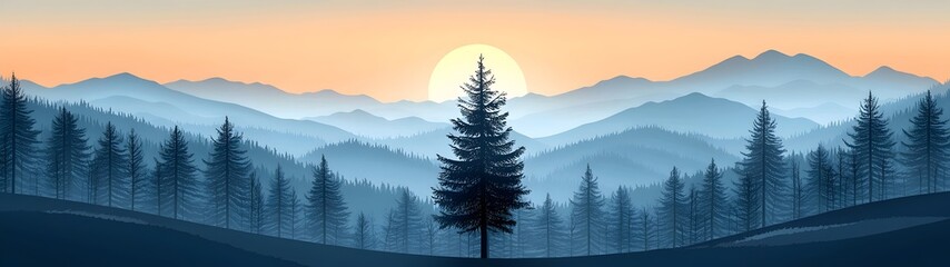 Wall Mural - A serene landscape showcasing a solitary evergreen tree silhouetted against a vibrant sunrise over misty mountains, evoking a sense of calm and tranquility.