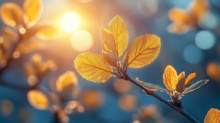 Wall Mural - Golden sunlit leaves against blurred background in serene natural setting