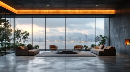 Poster - A modern living room with large windows showcasing a city skyline and serene water view.