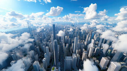 Wall Mural - Aerial view of futuristic cityscape with towering skyscrapers and clouds