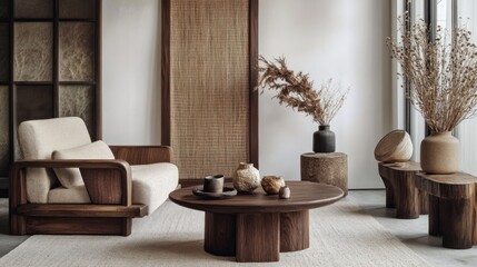 Aufkleber - A modern, minimalist living room with natural elements and warm tones.