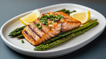 Poster - Grilled salmon with asparagus and lemon slices on plate