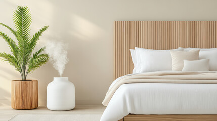 Wall Mural - serene bedroom with cozy bed, decorative pillows, and calming plant