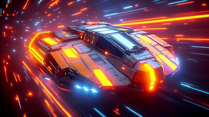 Wall Mural - futuristic spaceship at warp speed: a neon-lit sci-fi journey through space
