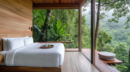 Wall Mural - serene treehouse hotel room surrounded by lush tropical rainforest