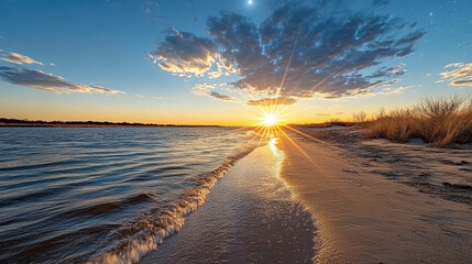 Sticker - stunning sunset over tranquil river, with golden rays reflecting on water