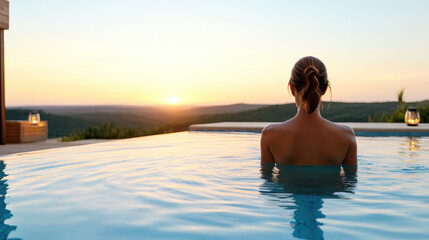 Wall Mural - woman standing gracefully in pool at sunset, enjoying serene view