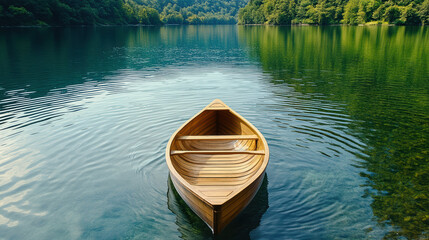 Wall Mural - wooden canoe floating on peaceful lake with gentle ripples