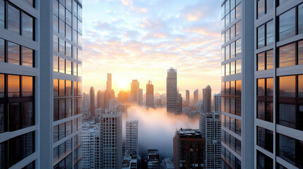 Sticker - stunning industrial city skyline at sunrise with mist and orange hues