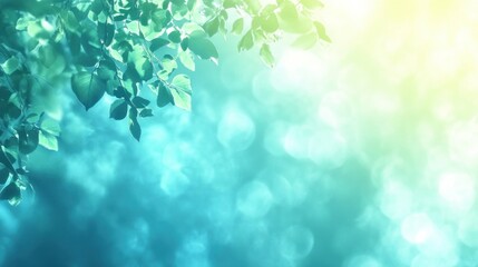 Poster - A serene background featuring green leaves with a soft, blurred blue and light gradient.