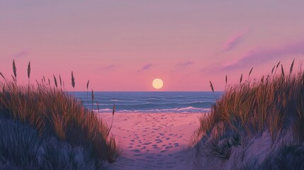 Aufkleber - A serene beach scene at sunset, with soft colors and gentle waves.