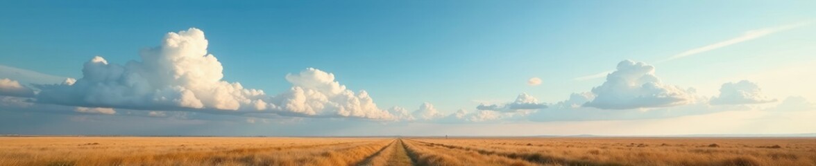Wall Mural - Panoramic clouds stretch out across a vast open plain, peaceful, sky, expansive