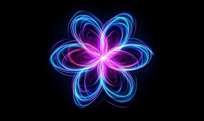 Poster - Neon flower fractal art, dark background, digital design