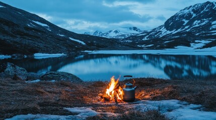 Poster - A serene lakeside campfire scene with a kettle, surrounded by mountains and snow.