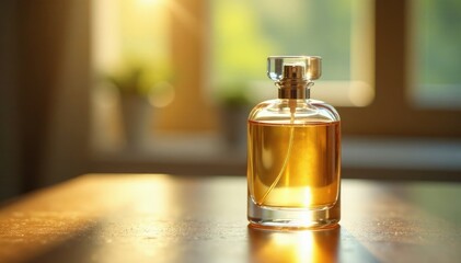 Wall Mural - Perfume bottle in a delicate glass vase, bathed in warm sunlight, glass, vase