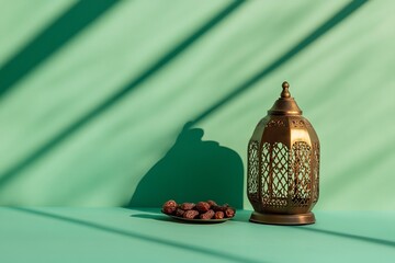 Wall Mural - Dates, lantern, Ramadan, green background, sunlight, studio,  holiday, food