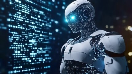 Futuristic robot interacting with digital data on an advanced computer screen, symbolizing artificial intelligence integration in business and industry. A high-tech representation of AI, automation
