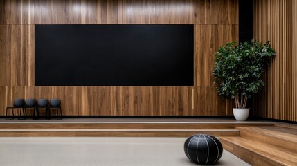 Wall Mural - Modern office wellness room, wood wall, empty stage, plant