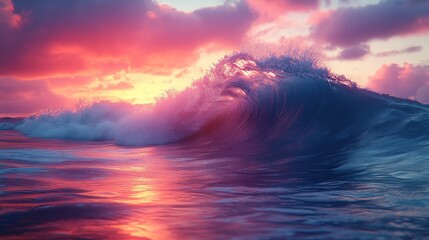 Wall Mural - Vibrant pink sunset over ocean waves with dramatic clouds